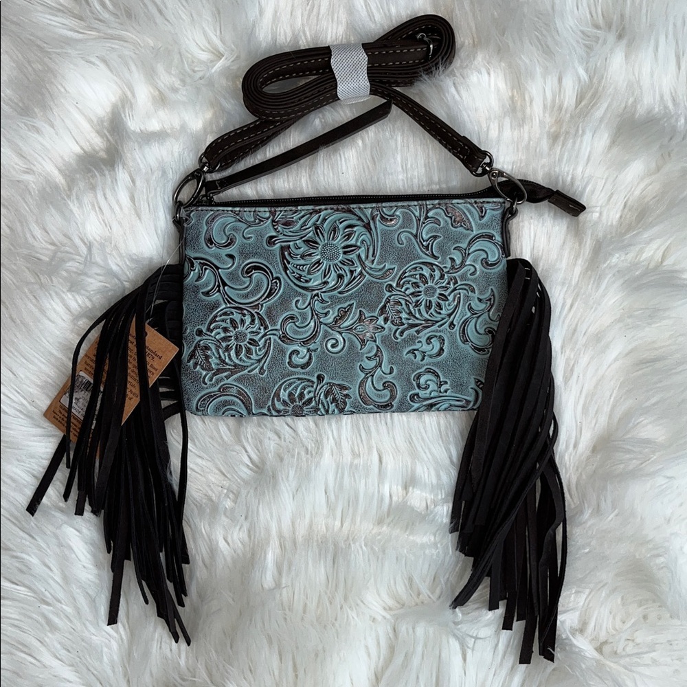 🆕 JUSTIN WOMEN'S CROSSBODY BAG TURQUOISE TOOLED SUNFLOWER PATTERN FRINGE - Picture 3 of 11